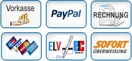 Bei uns zahlen Sie per: Vorkasse, PayPal, Rechnung, Kreditkarte,
        Lastschrift oder Sofortüberweisung.